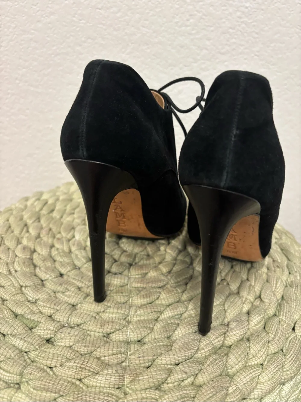 L.A.M.B. Black Suede Lace-Up Stiletto Point Toe Booties Size 8